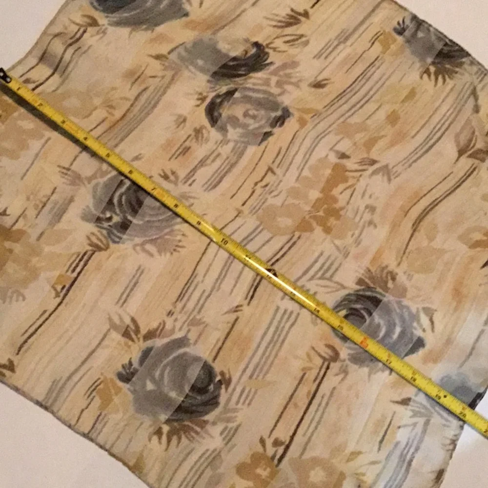 Scarf, silk, sheer and opaque, for neck or headband, colors are grays & gold
